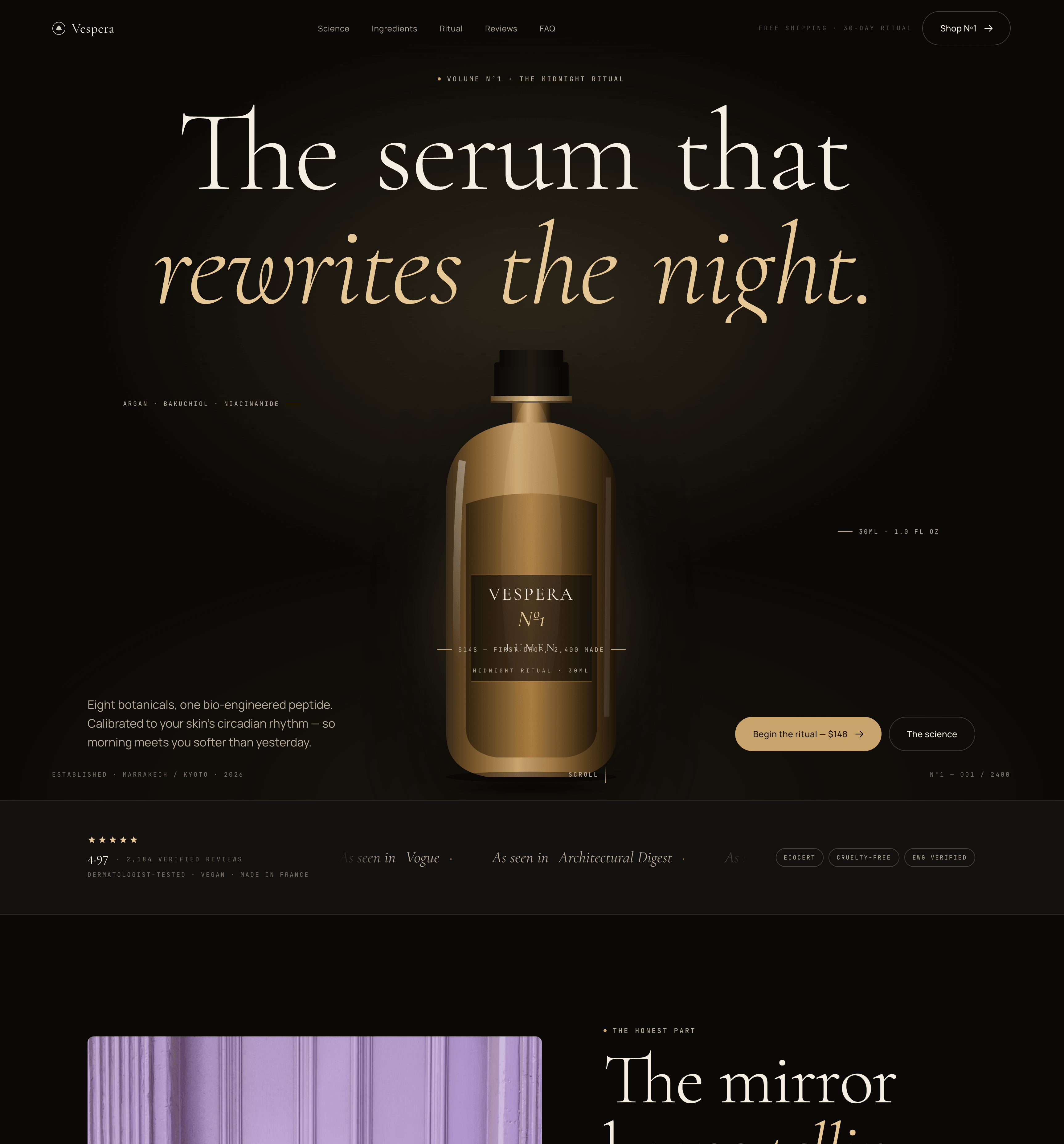 Vespera — Beauty product landing page